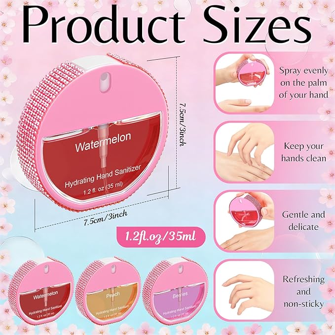 3 Pcs Power Mist Hydrating Hand Sanitizer Spray Bulk Travel Size Hand Sanitizer Spray Pocket 1.2 oz Pink Circular Bottle with Diamonds for Daily Use Mother's Day End of Year Teachers Gifts