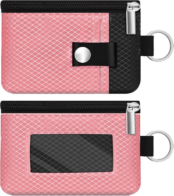 Minimalist RFID Blocking Small Wallet with ID Window,WaterResistant Zip Id Case Wallet with Lanyard Keychain for Cards,Cash,Travel,Women,Men (Pink/Black)