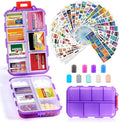 14 Grids Travel Pill Organizer Box with 415-Pcs Medicine Name Labels, Pocket Daily Pharmacy Case Container, Travel Medication Holder Dispenser Kit for Fish Oil Vitamin Supplement Storage -Clear Purple