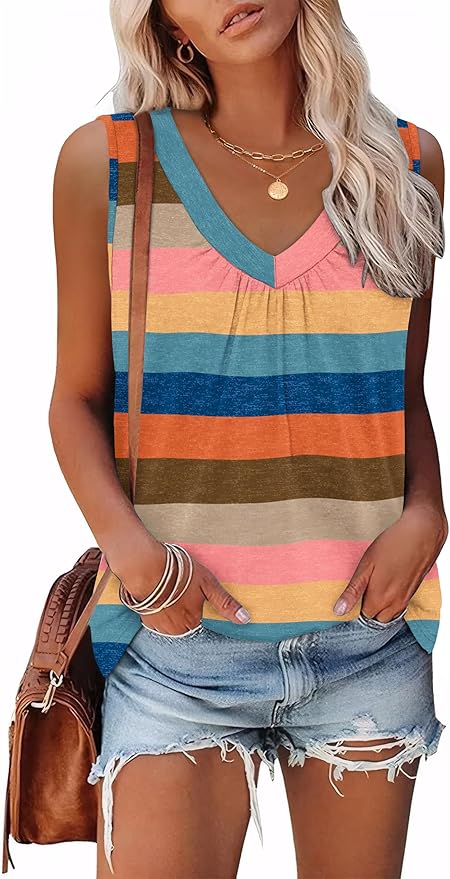OFEEFAN Tank Top for Women Loose Fit Sleeveless Shirts V Neck Summer Clothes Ruched Women's Tees and Tanks Curved Hem
