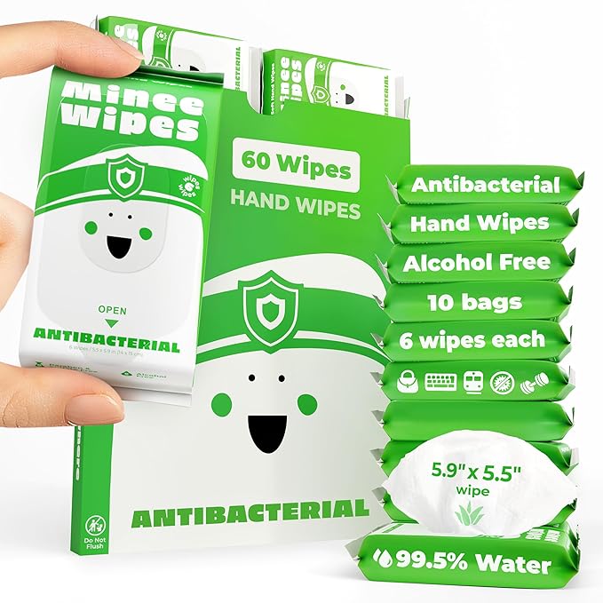 Impossibly Compact Travel Antibacterial Wipes Hand Sanitizer - 99.5% Water and Aloe - Safe for Sensitive Skin & Hypoallergenic Hand Wipes - Travel Essentials For Adults & Kids, 10 Pack Total 60 Wipe