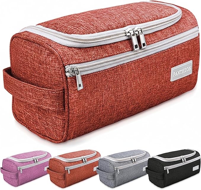 Pantheon Men's Toiletry Bag - Travel Toiletry Bag Wash Bag Hanging Dopp Kit Shaving Kit for Bathroom Shower - Mens Travel Bag Hanging Toiletry Organizer Toiletry Kit for Traveling (Brick Red)
