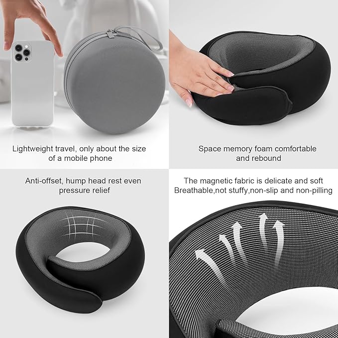 Travel Neck Pillow for Airplane - 100% Memory Foam 360° Ergonomic Support - Adjustable Velcro, Washable Velvet Cover & Compact Storage Case - Flight Essentials for Sleeping (Black)