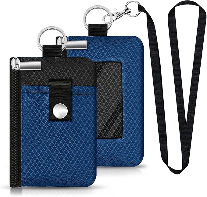 Minimalist RFID Blocking Small Wallet with ID Window,WaterResistant Zip Id Case Wallet with Lanyard Keychain for Cards,Cash,Travel,Women,Men (Electric Blue/Black)
