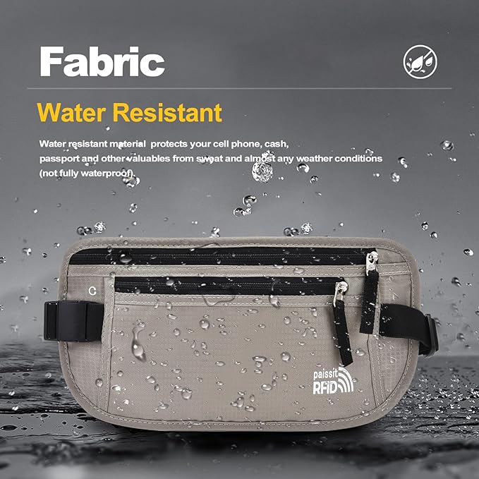 Unisex Money Belt For Men and Women, Slim Passport Holder RFID Blocking Travel Essentials Pouch with Adjustable Strap Small Waist Pouch for Workout Running Travelling Hiking, Light Grey 2 Pack