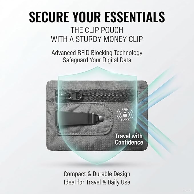 KOSMCCO RFID Blocking Clip Stash Pocket, Compact Hidden Travel Belt Wallet for Cards & Cash - Slim Pickpocket-Proof Design for Everyday Carry (Grey, Medium)