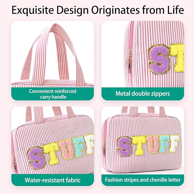 Travel Toiletry Bag for Women Chenille Letter Cosmetic Bag Fashion Stripes Water-resistant Makeup Bag with Hanging Hook for Store Toiletries Cosmetic Accessories Medium Pink