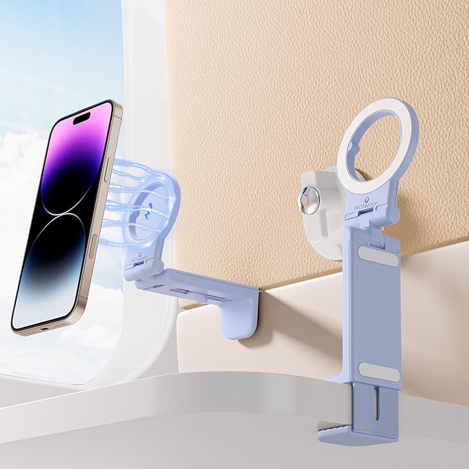 PROfezzion Magnetic Airplane Phone Holder for MagSafe iPhone 17, 16, 15, 14, 13, 12 & All Phones, Handsfree Plane Phone Mount for Seat Tray Table, Travel Essentials Must Have Accessories for Flying