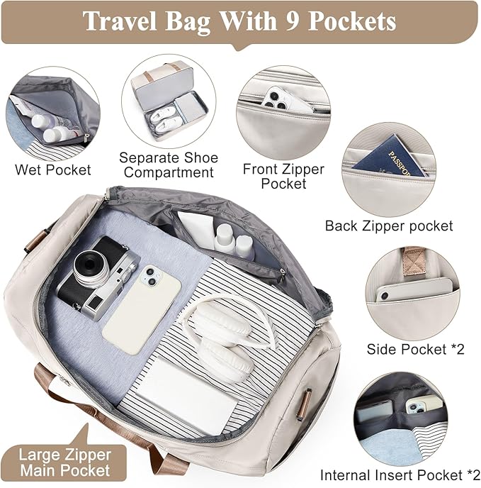 Travel Duffel Bag for Women, Carry-on Overnight Weekender Bags with Wet Pocket, For Spirit Airlines 18x14x8 Personal Item Bag,Small,Beige & Brown