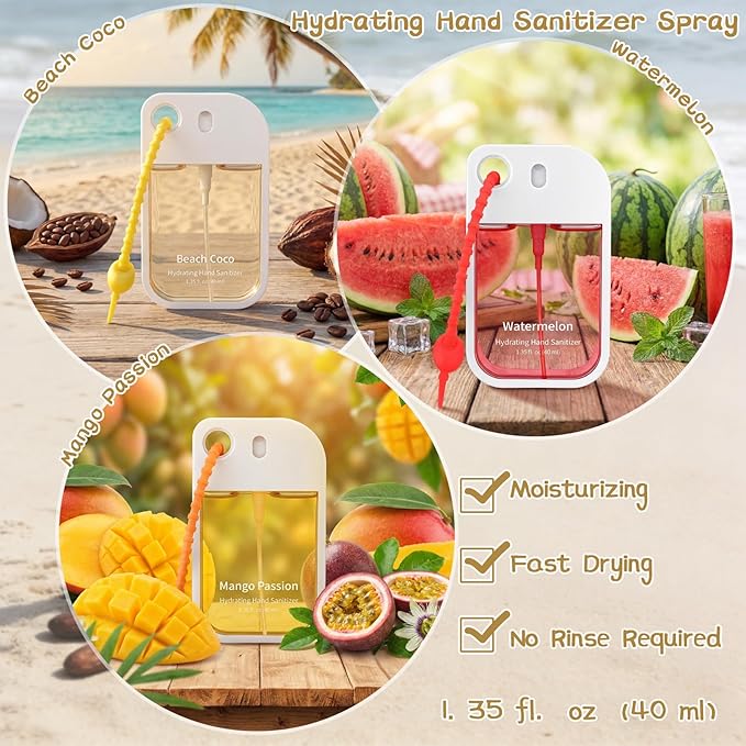 Set of 3 Powerful Mist Hydrating Hand Sanitizer Spray Bulk Travel Size Refreshing Hand Sanitizer 1.35 Fl. oz Spray Bottle Watermelon Mango Scent for Daily Personal Use Gift