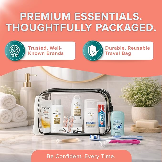 TrekTote Bulk Women’s Hygiene Kits 15 Piece Travel Toiletry Kit with Shampoo Conditioner Body Wash Lotion Deodorant Razor Toothbrush Toothpaste Comb Flossers Swabs Bandages Wipes
