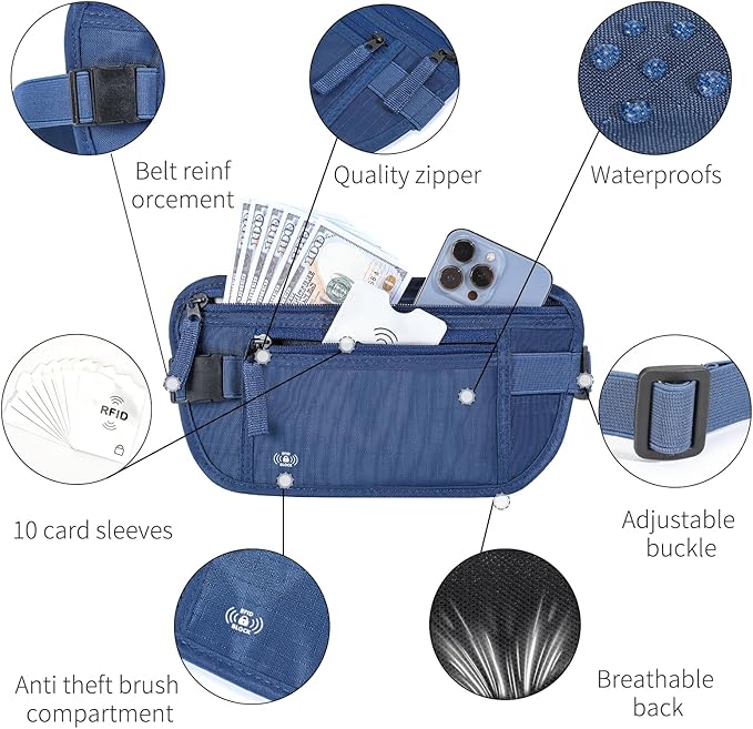 Money Belt for Travel, RFID Blocking, Hidden Money Belt, Passport Holder for Travel (Dark Blue)