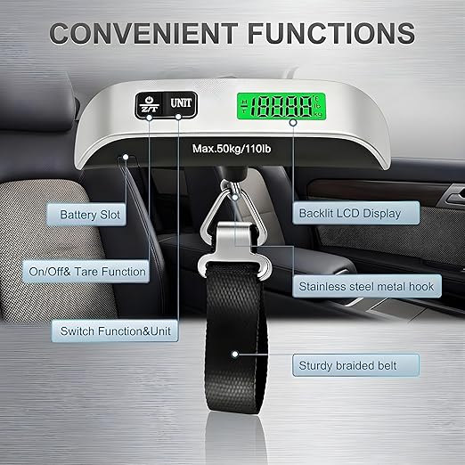 Digital Luggage Scale for Travel, Fish Scale for Outdoor, 110lb High Precision Suitcase Weight Scale with Backlit LCD Display Portable Hanging Baggage Scale for Air Travel Essentials