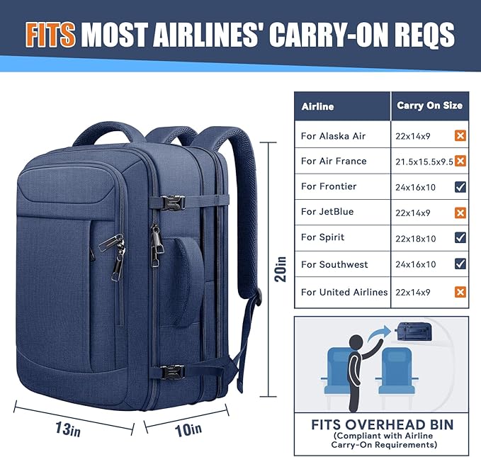 Expandable Carry On Backpack 40L-50L, Large Travel Weekender Bag with Waterproof Wet Pocket, Anti-Theft TSA 18 Inch Laptop Rucksack for Men Women Flight Approved Business, Blue