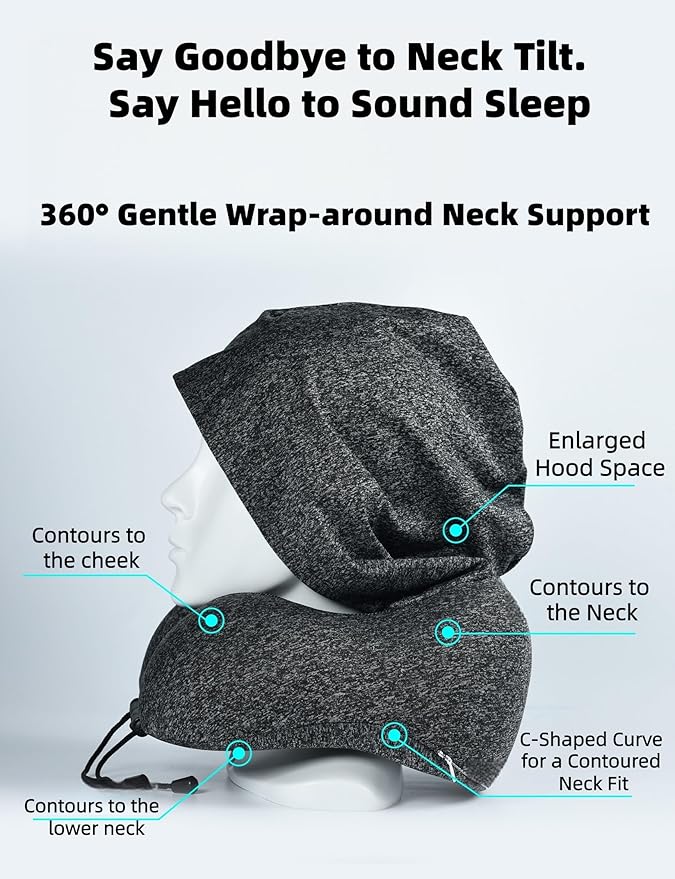 Travel Neck Pillow with Extra Large Hood Rollable Airplane Hooded Neck Pillow with Memory Foam Filling and Removable, Skin-Friendly Cover with a Carrying Case & Pouch (Cationic)