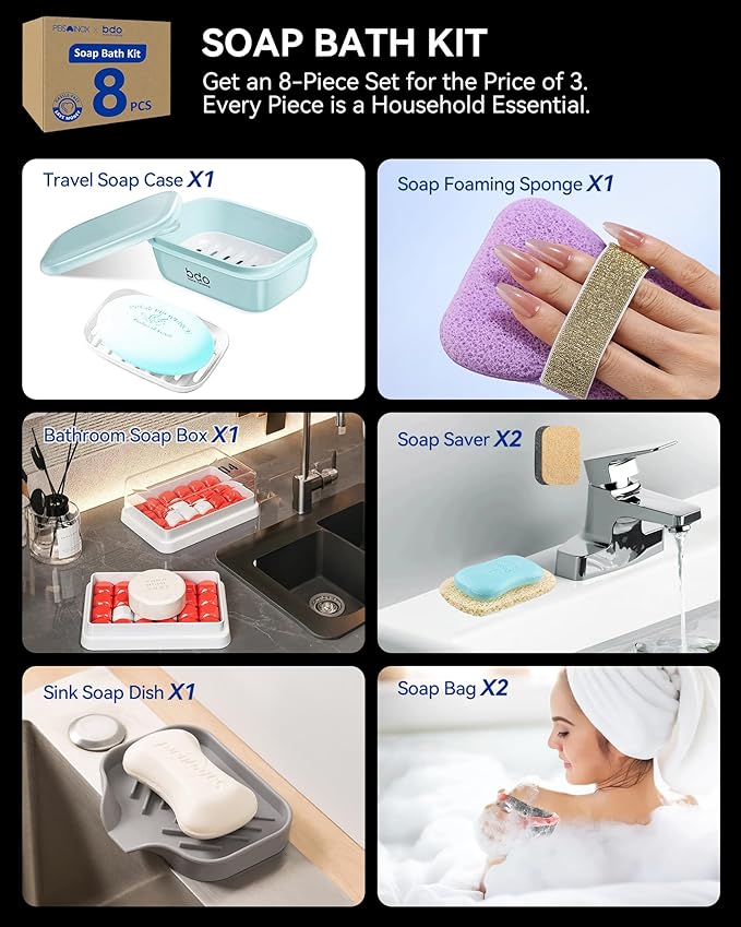 8-Piece Soap Bath Kit with Travel Soap Case Holder Dish Bag Saver, Lathering Pouch for Home, Travel, Camping, Gym, Hotel(Green)