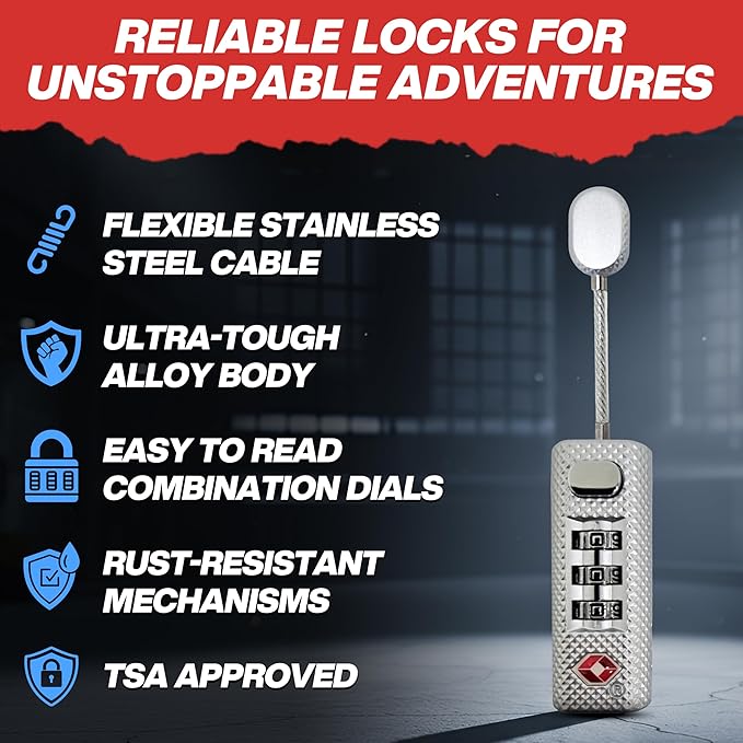 TSA Approved 3-Digit Combination Luggage Lock – Heavy Duty Alloy Body Zipper Lock for Travel, Suitcase, Backpack & Gun Case - Silver