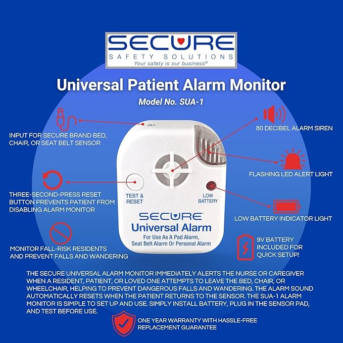 Secure Safety Solutions Bed & Chair Exit Alarm for Elderly Adults, 2 Patient Monitors with 12 x 30 Bed Sensor & 12 x 12 Chair Sensor, Caregiver Alert System for Fall Prevention, Dementia & Wandering