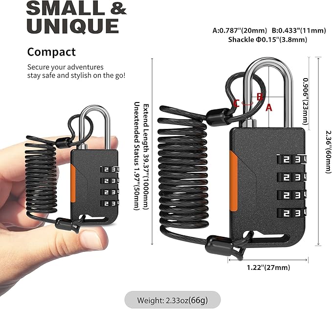 Ski Lock, 4 Digit Combination Padlock with Retractable Cable (36in/91cm), Combo Cable Lock for Snowboard, Travel Luggage, Suitcases, Backpack, Bike, Fridge Door, Gym Locker (Black)