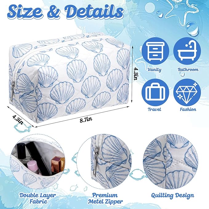 Hillban Ocean Quilted Cosmetic Bag Ocean Themed Gift Starfish Coral Seashell Essential Makeup Bag for Women Summer Travel Vacation Survival Kit Mother's Day Bulk Gift 8.7 x 4.3 x 4.3 in(Seashell)