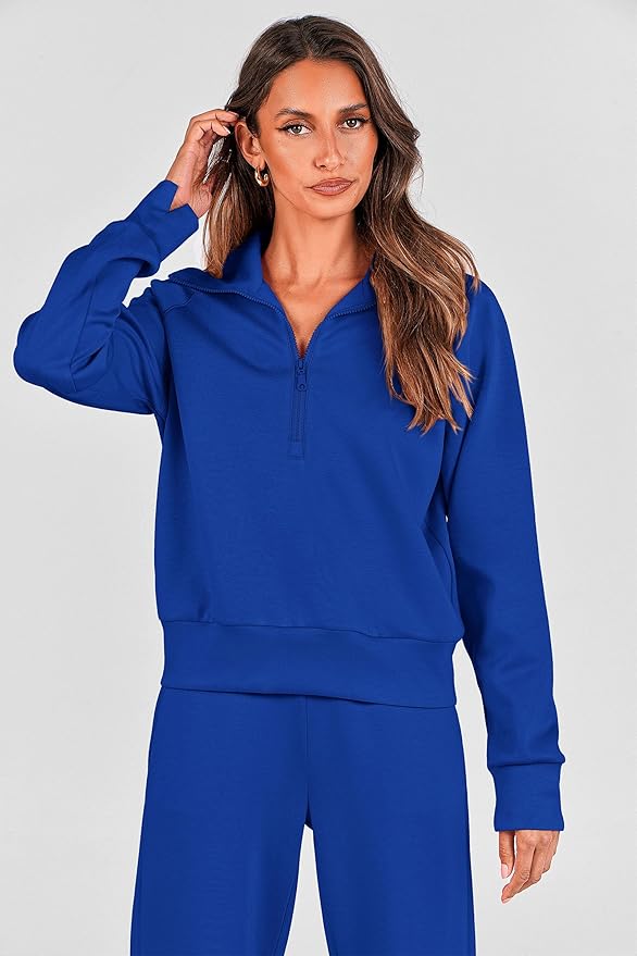PRETTYGARDEN Women's 2 Piece Outfits Casual Lapel Half Zip Sweatshirts and Wide Leg Pants Tracksuit Sets