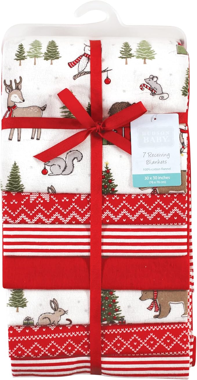 Hudson Baby Unisex Baby Cotton Flannel Receiving Blankets Bundle, Christmas Forest, One Size
