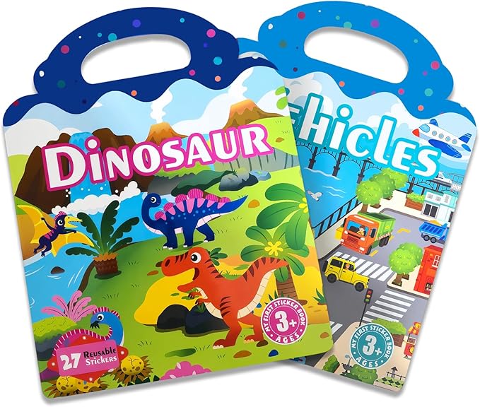 2 Sets Reusable Sticker Book for Kids, Puffy Jelly Stickers for Toddlers, Travel Essentials Craft Activities Toys for Boys Birthday Gifts - Dinosaur & Vehicles