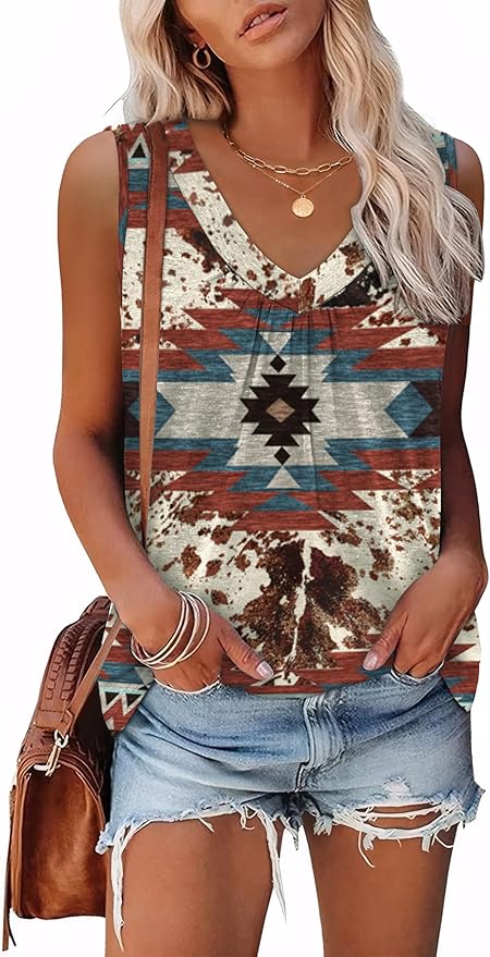 OFEEFAN Tank Top for Women Loose Fit Sleeveless Shirts V Neck Summer Clothes Ruched Women's Tees and Tanks Curved Hem