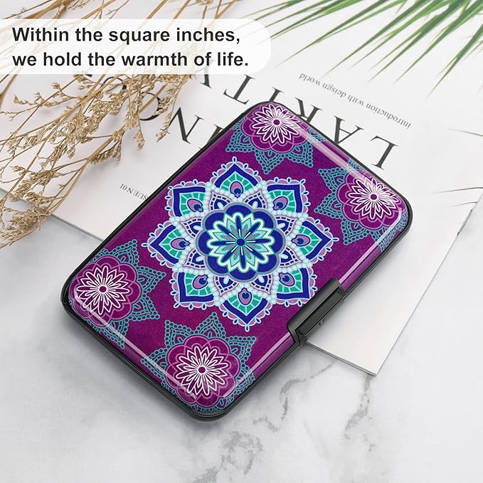 ELFISH Mini RFID Aluminum Wallet Credit Cards Holder Business Card Case Metal ID Case for Men Women (Purple flower)