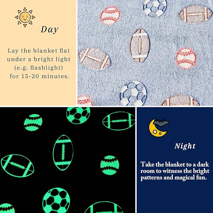 Wajade Sports Balls Gifts Toys for Boys Girls - Glow in The Dark Sports Balls Blanket Birthday Christmas Decor for Kids Age 3 4 5 6 7 8 9 10 11 12 Years Old Teens Child Throw Light Grey 50"x60"