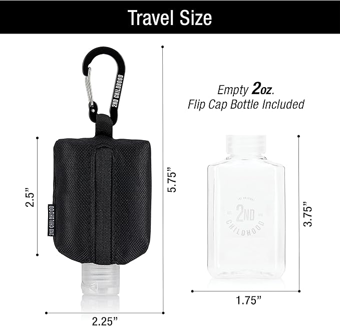 2nd Childhood Travel Hand Sanitizer Keychain – Small Refillable 2 oz Bottle with Clip-On Holder – Portable Sanitizer Case for Purse, Backpack, Gym Bag