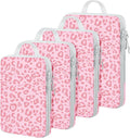 4 Set Compression Packing Cubes For Travel Bags Organizer For Luggage Suitcase Organizer, Compression Bags For Travel Accessories Luggage Storage Set (4 Pcs, Pink Leoparda)