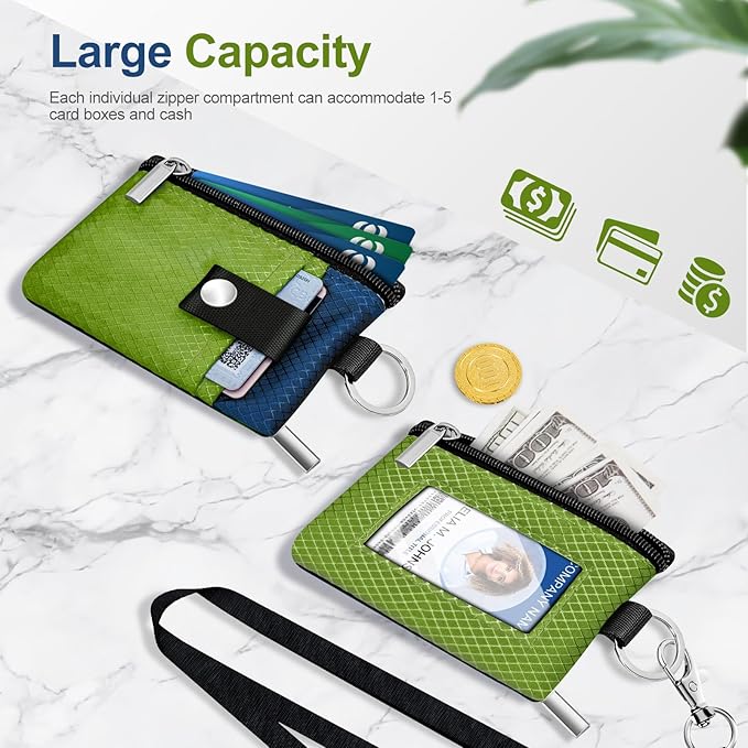 Minimalist RFID Blocking Small Wallet with ID Window,WaterResistant Zip Id Case Wallet with Lanyard Keychain for Cards,Cash,Travel,Women,Men (Olive Green/Electric Blue)