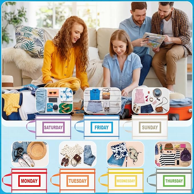 7 Pack Packing Cubes for Travel Days of Week Packing Cubes with Label Clear Zippered Storage Bag for Summer Camp Essential