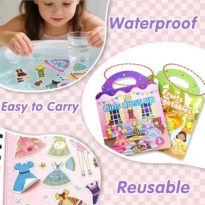 2 Sets Reusable Sticker Book for Kids, Puffy Jelly Stickers for Toddlers, Travel Essentials Craft Activities Toys for Girls Birthday Gifts - Princess, Fruits & Vegetables