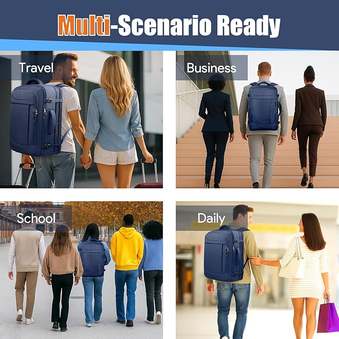 Extra Large Carry on Backpack, Expandable 50L-60L Travel Backpack Hiking Camping Rucksack with Waterproof Wet Pocket, Anti-Theft 19 Inch Gaming Laptop Bag for Road Trip Outdoor Sports, Blue