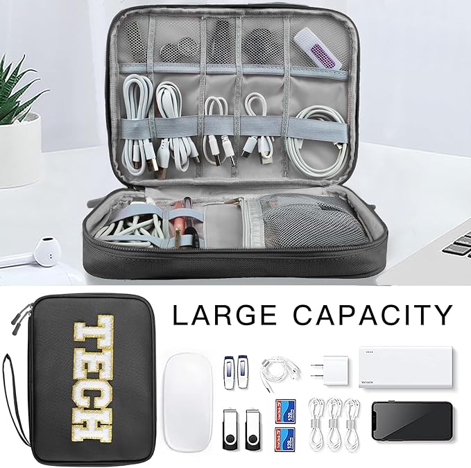 COSHAYSOO Electronics Bag Case Cable Cords Organizer Travel Essentials for Women College Teen Girls Vacation Dorm Accessories Preppy Personalized Gift (Large Black)