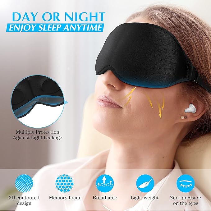 Silicone Earplugs - Ultra Soft Foam Earplugs - Sleep Eye Mask for Men Women, Upgraded 3D Hollowed Design, Value Pack–for Sleeping, Snoring, Travel, Airplanes, Shift Work，32dB Highest NRR