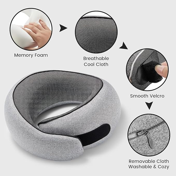 Travel Neck Pillows, 100% Memory Foam Filling, Travel Pillows for Airplanes, Compact and Ergonomic Design, Best for Sleeping Plane Train Travel Essentials (Light Grey)