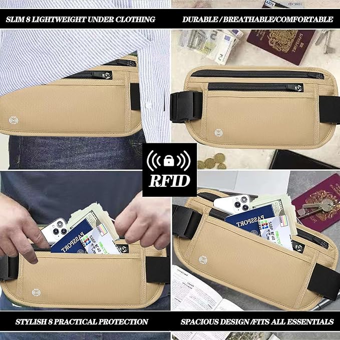 Khaki Hidden Money Belt for Travel for Men, Waist Wallet Anti Theft, RFID Passport Holder For Travel Men Or Women, Money Pouch, RFID Passport Holder