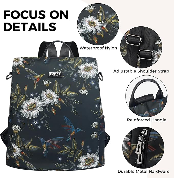 Fmeida Backpack Purse for Women Travel Anti-Theft Backpack Convertible Nylon Daypack with Hidden Back Zipper Opening Hummingbird