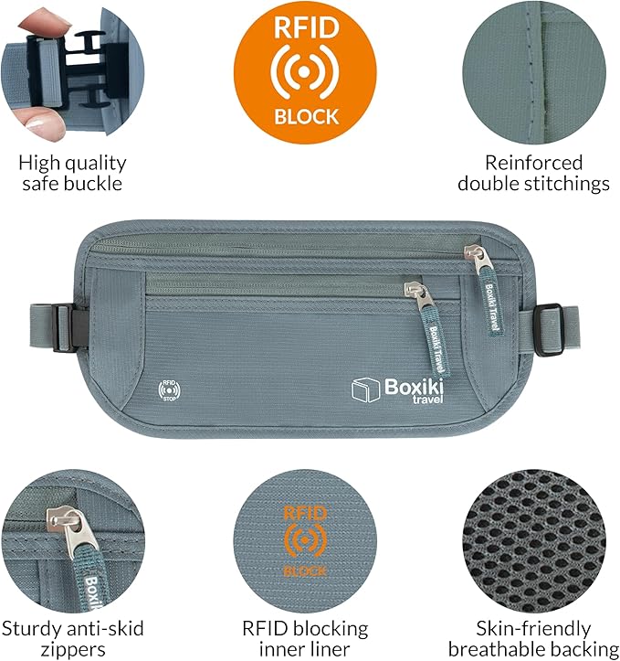 Boxiki Travel, Gray Money Belt + RFID Sleeves Set of 8 Pcs | RFID Blocking Secure Waist Bag, Credit Card Holders & Passport Holders for Men and Women | Keep Your Travel Essentials in Reach