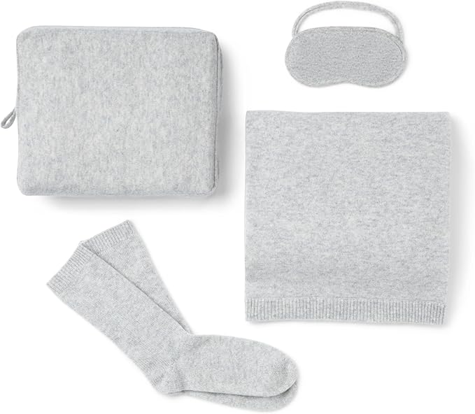 Jet&Bo 100% Pure Cashmere Travel Set: Blanket, Eye Mask, Socks, Carry/Pillow Case Gray in Gift Box