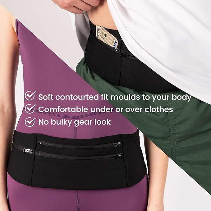 StashBandz Adjustable Running Belt - 3 Zippered Pockets + Water Bottle Holder, No-Bounce Travel Money Belt, Sports Fanny Pack, Waist Pack with Key Clip, Fits Any Size Phone, Passport & More