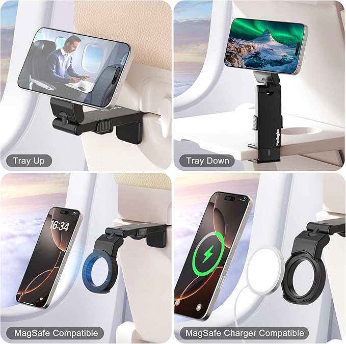 Perilogics Airplane Phone Holder for MagSafe. Universal Phone Mount for Long Flight Airplane Travel Essentials, Cruise Must Haves. Ideal Travel Accessory for Vacation and Content Creators (Black)