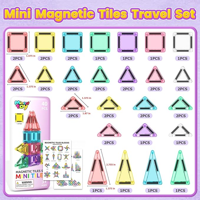 40PCS Magnetic Tiles Mini Travel Essentials Toddler Toys with Case Set, Preschool Montessori Education Magnetic Building Blocks Games Sensory Toys for 3 4 5 Year Old Boys Girls Birthday Gifts