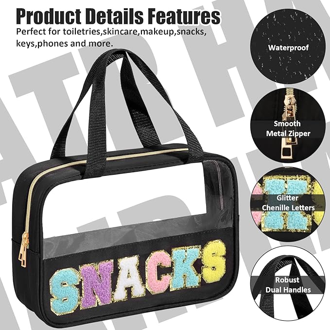 BuyCard Chenille Letter Patch Clear Travel Bags, Preppy PVC&Nylon Makeup Bag with Handle and Zipper, Waterproof Large Clear Travel Toiletry Bag Storage Bag for Women Girls