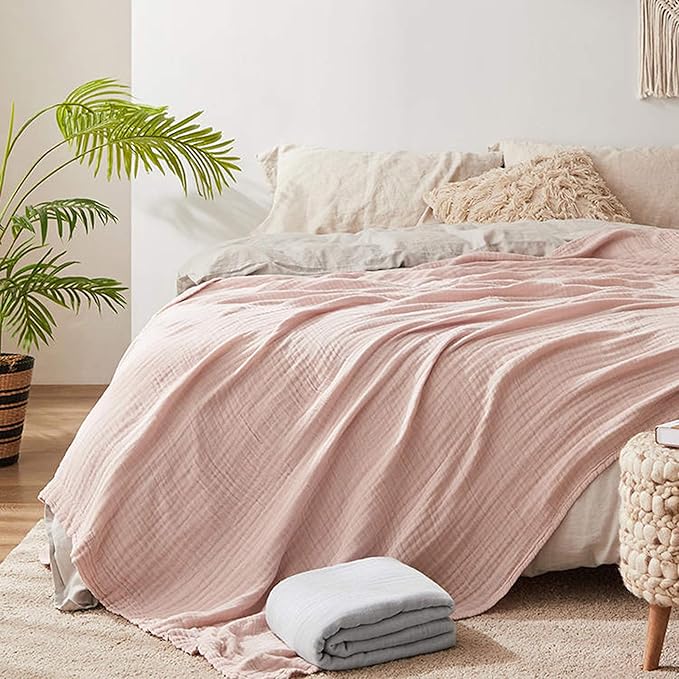 KyraHome 100% Organic Cotton Muslin Blankets for Adults, Girls, 60"x80", Plant Dyed, Breathable Lightweight Gauze Summer Throw Blankets for Couch, Napping, All Season (Soft Pink)