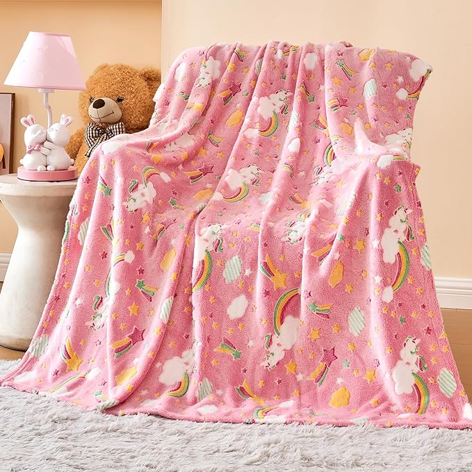 Wajade Rainbow Gifts for Girls - Glow in The Dark Rainbow Blanket Birthday Christmas Decor for Kids Age 3 4 5 6 7 8 9 10 11 12 Years Old Teens Child Toddler Throw Pink 50"x60"