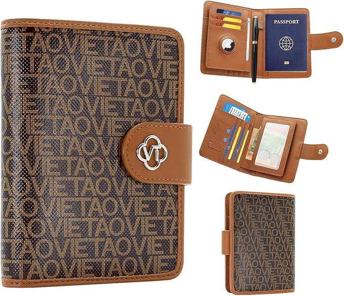 Passport Holder for Travel, RFID Blocking Leather Airtag Wallet for Women Men, Large Passport Cover Essentials Gift, Tickets, Cash, Photo, Sim Card Pen Slot, Brown